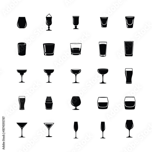 Minimalist black and white barware icons for menu design and restaurant..