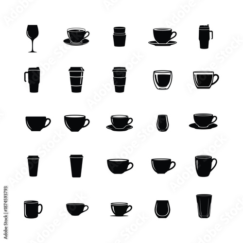 Black and white vector icons of various drink containers and cafe cups.