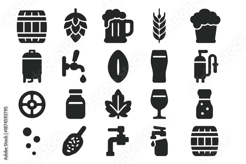 Brewery Icon Collection. Solid style icons of Microbrewer keg hop: wooden keg, hop cone, beer mug, barley stalk, foam head,