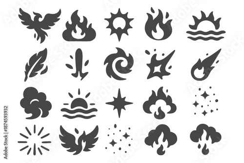 Burning Sky Icons. Solid style icons of Burning Sky: rising phoenix, blazing cloud, sun flare, molten horizon, feather spark,