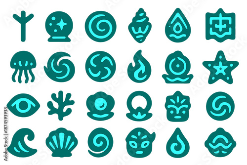 Oceanic Mystical Icons. Solid style icons of Oceanic Mysticism: glowing rune, crystal orb, spiral glyph, shell totem, water sigil,