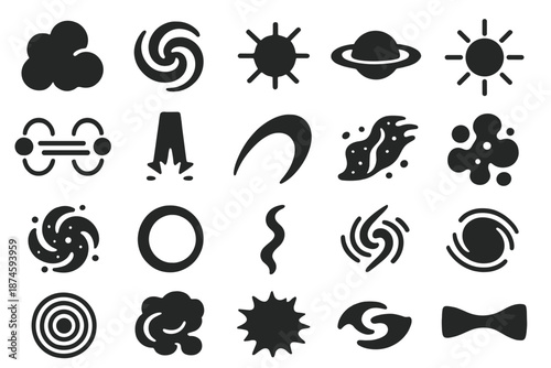 Cosmic Formation Icons. Solid style icons of Cosmic Formation: dust cloud, gas spiral, proto star, accretion disk, radiant core,