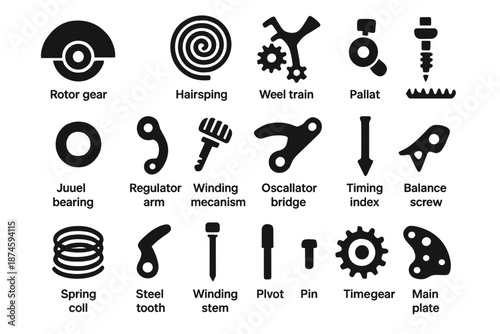 Mechanical Movement Icons. Solid style icons of Mechanical Movement: rotor gear, escapement spring, wheel train, pallet fork,