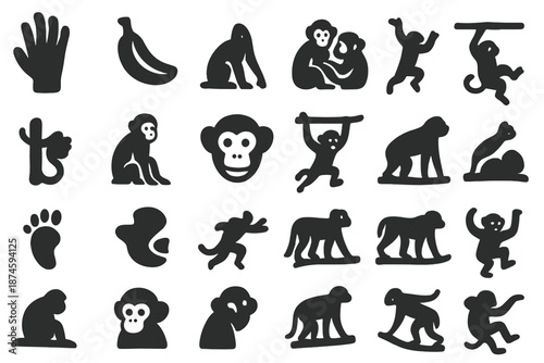 Primate Behavior Icons. Solid style icons of Primate Behavior: climbing hand, banana fruit, grooming pair, jumping motion, tail