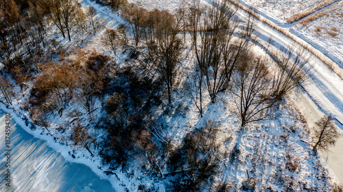 Winter scenery in the Spreewald region, Brandenburg, Germany, on a bright sunny day: snow-covered meadows and riverbanks along the River Spree and its canals, frozen waterways under a clear blue sky, 