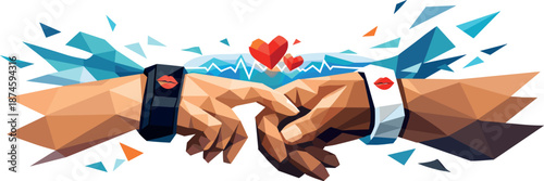 Digital Affection Ritual. Low-poly vector illustration focused on a modern digital affection ritual where two smart bracelets