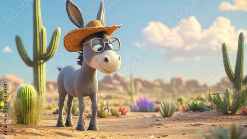 Cartoon guy in a cowboy hat in the desert.