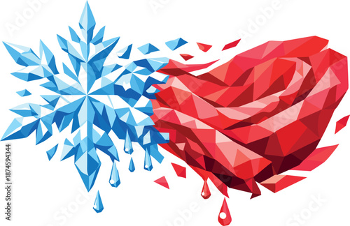 Snowflake to Rose Transformation. Low-poly vector illustration focused on the symbolic melting of a snowflake into a rose petal,