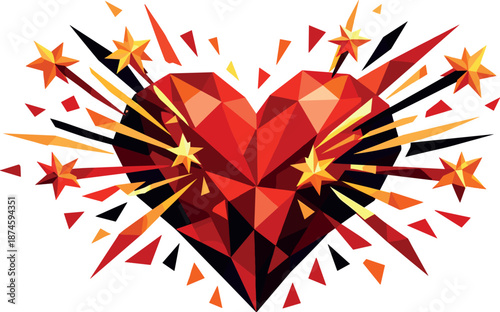 Polygonal Heart Firework. Low-poly vector illustration focused on a heart-shaped firework frozen at the moment of celebration,