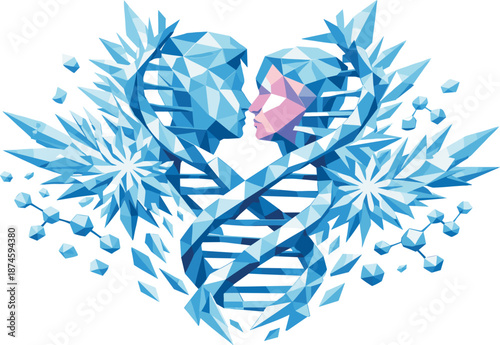 Frosty DNA Romance. Low-poly vector illustration focused on a frost pattern on glass mirroring the DNA map of two lovers,