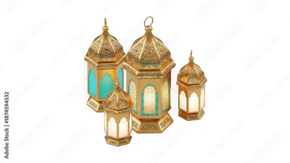 Obraz premium Ornate Golden Islamic Lanterns With Teal And White Glow On Black