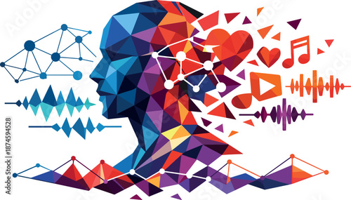 Emotional Music Harmony. Low-poly vector illustration focused on neural network music curation based on emotional history over a