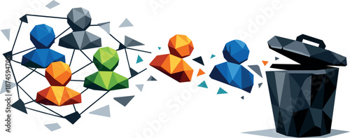 Geometric Contact Management. Low-poly vector illustration focused on managing and deleting contacts, polygonal geometric style