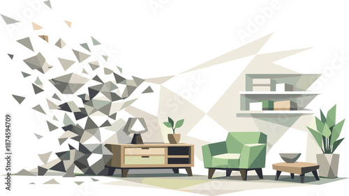 Minimalist Space Detox. Low-poly vector illustration focused on space detox and decluttering, polygonal geometric style with sharp