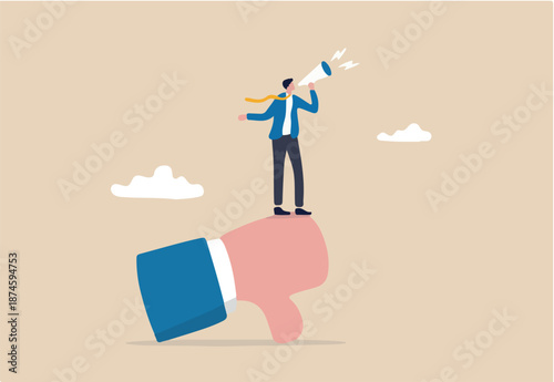 Discredit or blame other people, bullying and discourage speaking, fake news or negative feedback concept, bad businessman with megaphone discredit and blaming other people on thumb down symbol.