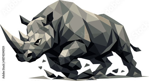 Polygonal Rhino Power. Low-poly vector illustration focused on a rhinoceros, polygonal geometric style with sharp triangular edges