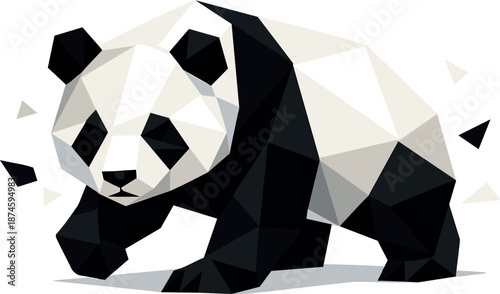 Geometric Panda Art. Low-poly vector illustration focused on a panda rendered in geometric low-poly style, faceted polygonal
