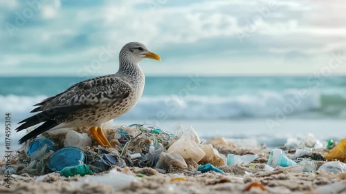 Seagull on a beach among plastic waste.