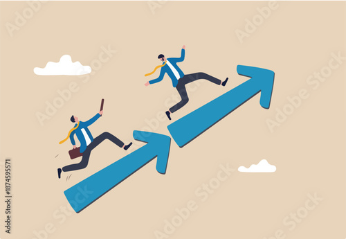 Partnership or teamwork for business success, growth or team achievement, cooperation or team collaborate, togetherness concept, trusted businessman relay baton pass to coworker on growing arrow.