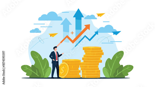 Professional businessman standing next to large stacks of gold coins with blue and orange growth arrows pointing up towards the cloudy sky.