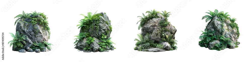 Fototapeta premium Four rocky islands with lush green vegetation and tropical plants presented individually on transparent background