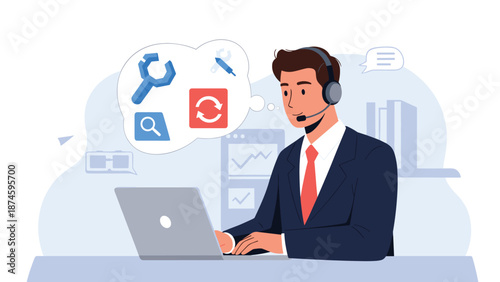 Male customer support representative wearing a headset and working on a laptop with service icons in a thought bubble for online help.