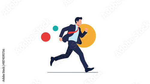 Businessman in a suit running fast with colorful geometric circles in the background to symbolize speed, determination, and busy work life.