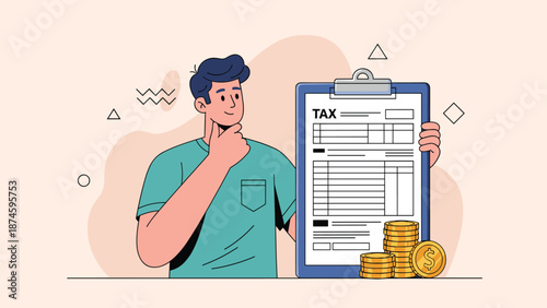 Man looking thoughtful while holding a tax document on a clipboard next to stacks of gold coins to represent financial planning and taxes.