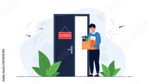 Sad man carrying a cardboard box with office supplies out of a closed door to represent job termination, company layoffs, or resignation.
