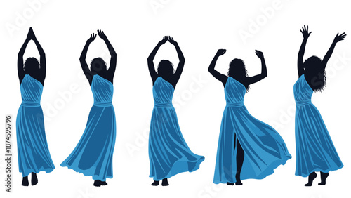 Silhouettes of a graceful woman performing various elegant dance movements while wearing a long flowing blue dress.