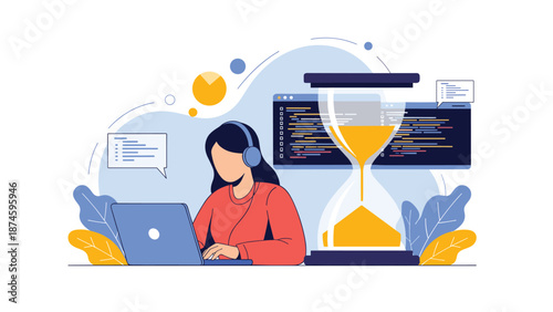 Woman working intently on her laptop computer with a large hourglass and computer code lines in the background.