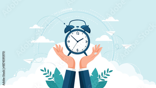Two hands gently holding a blue alarm clock in front of a soft blue sky with clouds and flying paper airplanes.