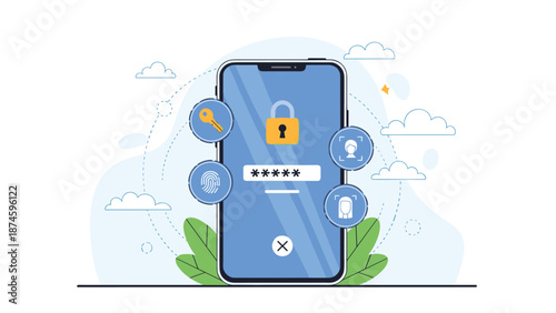 Smartphone screen showing a security lock and biometric authentication icons like face recognition and fingerprint.
