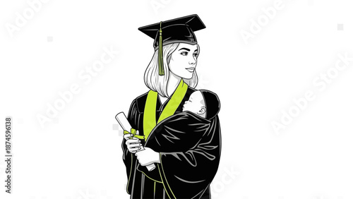 Young woman in graduation gown holding baby and diploma proudly