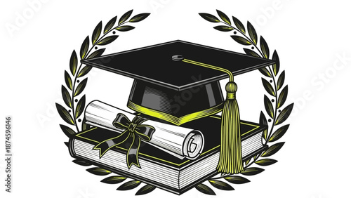 Graduation cap and diploma on books with laurel wreath