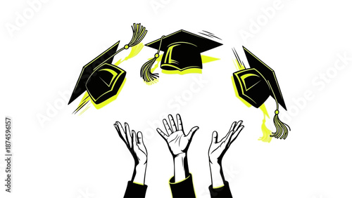 Graduation caps flying with celebratory hands in air