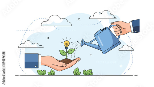 Two hands planting and watering a young sprout topped with a lightbulb to represent growing a creative idea.