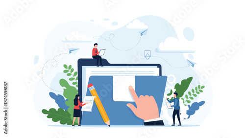 Collaborative team of people organizing digital files and documents in a giant folder using stationary tools for efficient management.