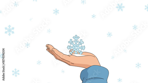 Hand gently holding a beautifully intricate snowflake, surrounded by a flurry of smaller falling snowflakes against a white background, symbolizing winter's charm.