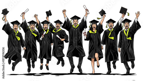 Group of diverse graduates celebrating with diplomas and caps