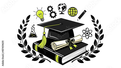 Graduation cap and diploma on books with education icons