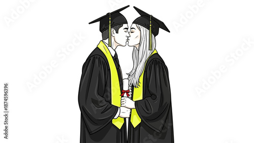 Young couple in graduation gowns sharing a romantic kiss
