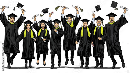 Happy graduates celebrating with diplomas and caps in the air