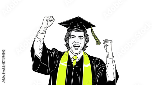 Young man celebrating graduation with raised fists in gown