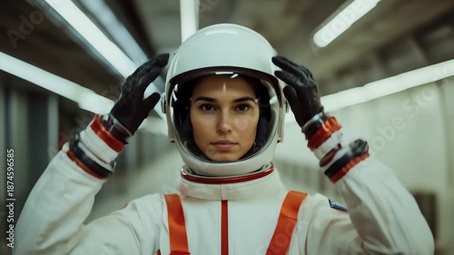 A female astronaut looks straight into the camera, ready for flight.