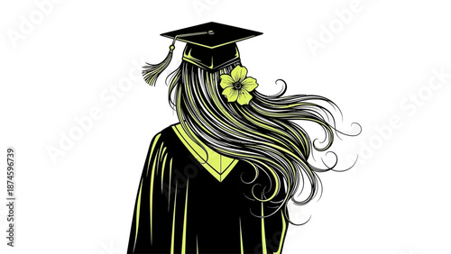 Woman in graduation gown and cap with long flowing hair