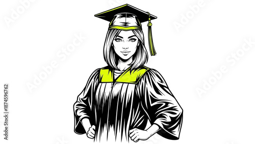 Confident young woman in graduation gown and cap smiling