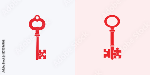 Two creative red key designs with puzzle piece elements, representing solutions and access, vector illustration