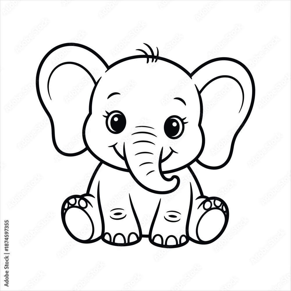 Obraz premium Adorable baby elephant sitting outline drawing animal