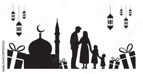 Muslim family silhouette celebrating religious holiday near mosque with gift boxes